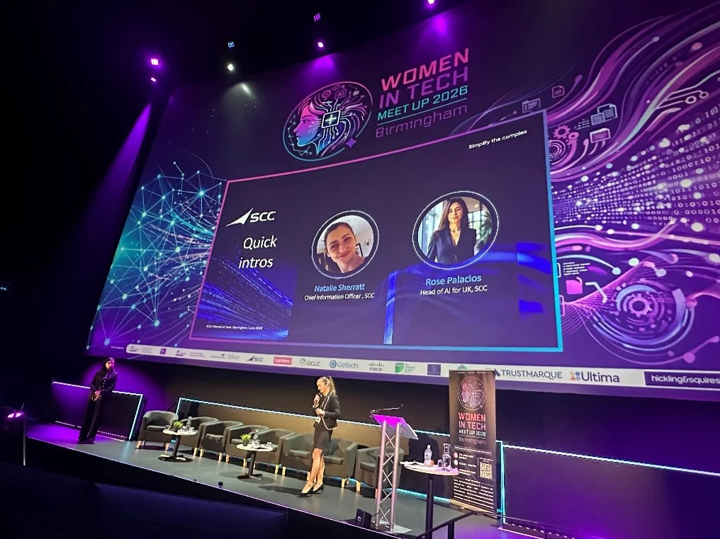 Natalie Sherratt and Rose Palacios from SCC on stage at Women in Tech Meet Up 2026