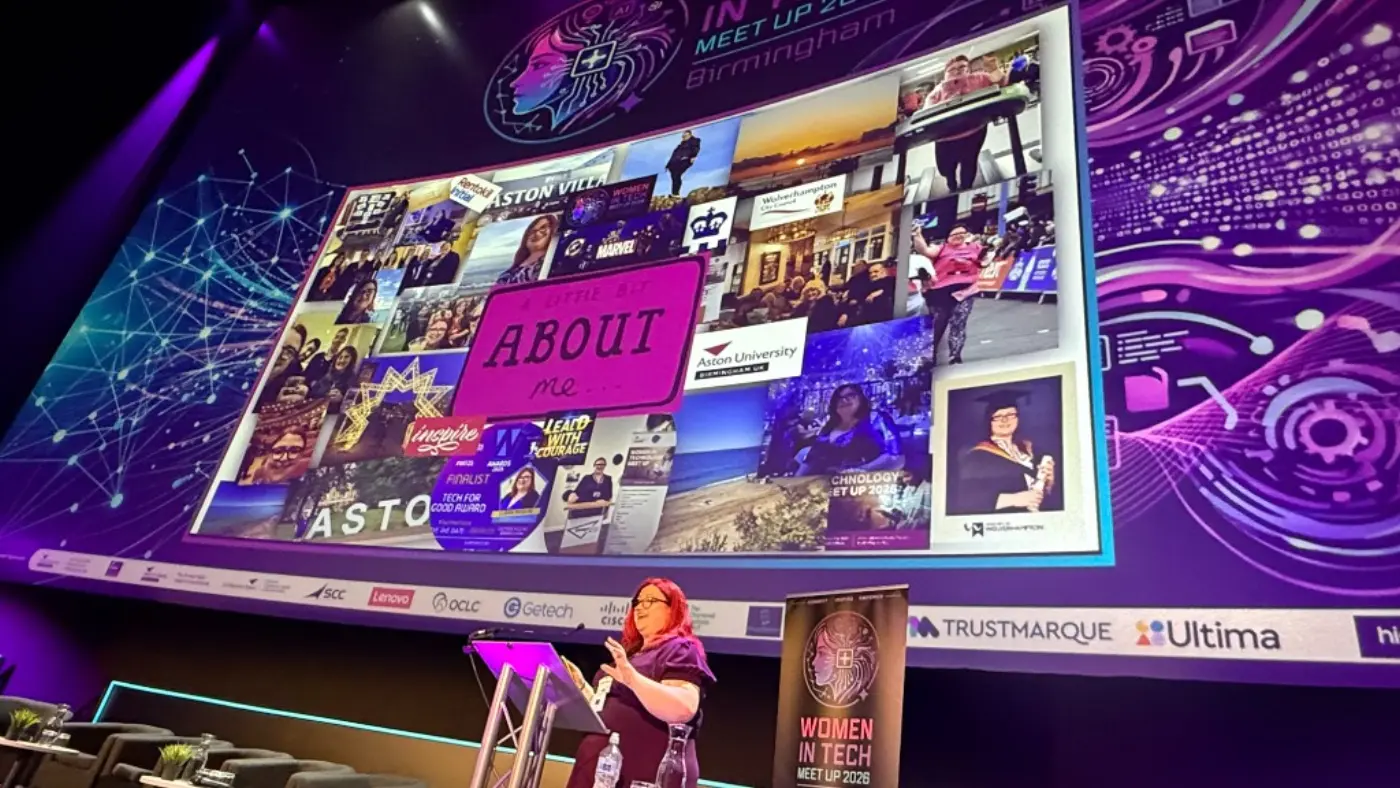 Claire Mironik speaking on stage at Women in Tech Meet Up 2026 Birmingham