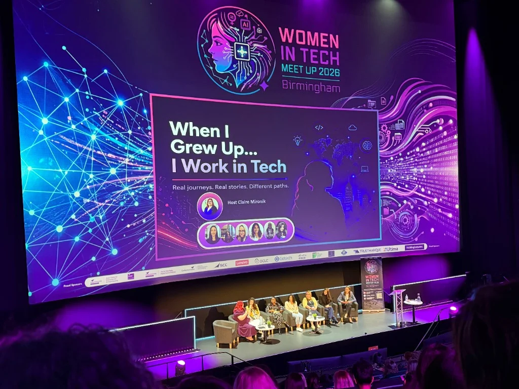 When I Grew Up… I Work in Tech panel on stage at Women in Tech Meet Up 2026