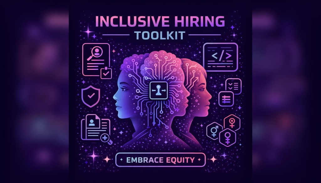 Inclusive Hiring Toolkit illustration: two profiles connected by glowing circuits, with icons for recruitment, coding, and diversity, and the words Embrace Equity.
